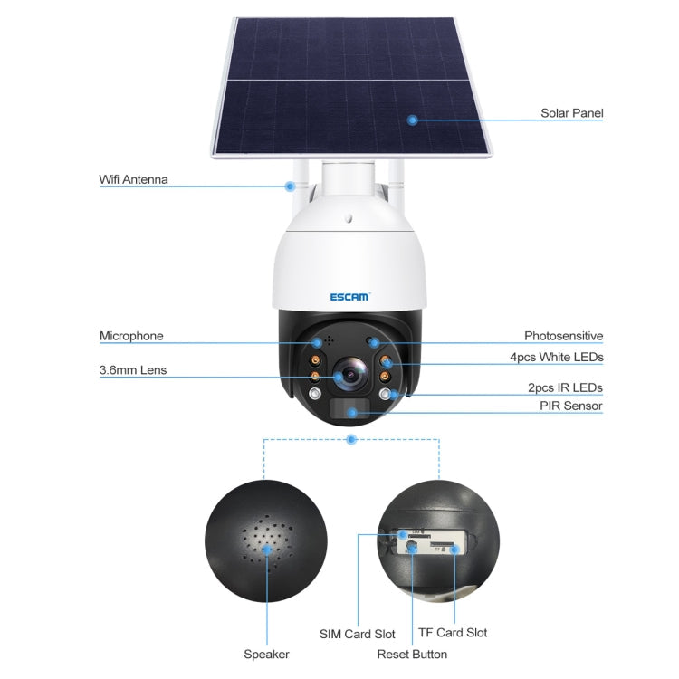 ESCAM QF724 3MP 24h Recording Cloud Storage PT 4G PIR Alarm IP Camera with Solar Panel, US Plug, EU Plug – Waterproof