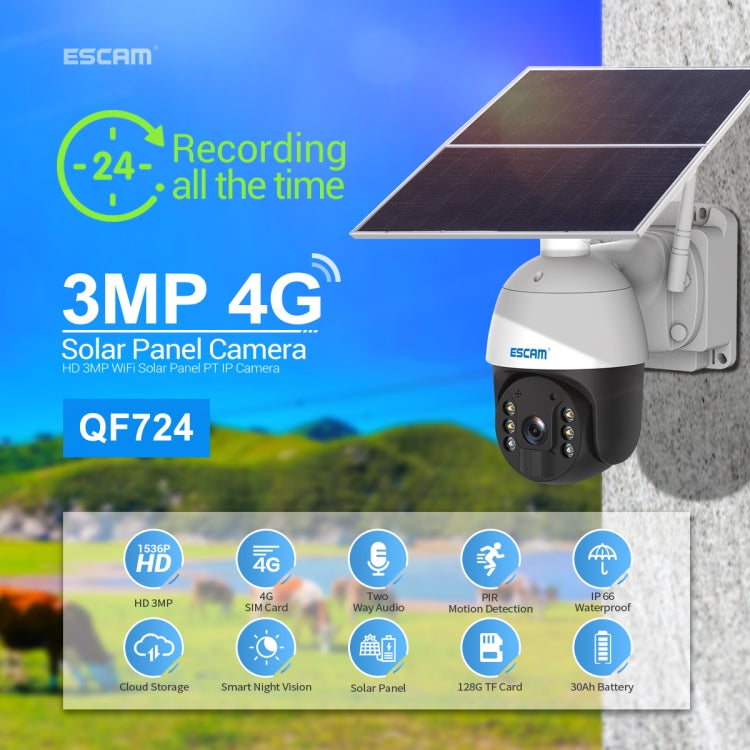 ESCAM QF724 3MP 24h Recording Cloud Storage PT 4G PIR Alarm IP Camera with Solar Panel, US Plug, EU Plug – Waterproof