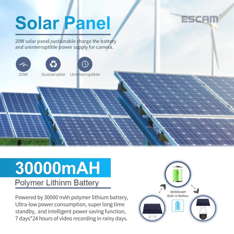 ESCAM QF724 3MP 24h Recording Cloud Storage PT 4G PIR Alarm IP Camera with Solar Panel, US Plug, EU Plug – Waterproof