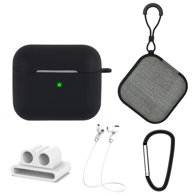 5 in 1 Silicone Earphone Protective Case + Earphone Bag + Earphones Buckle + Hook + Anti-lost Rope Set – Wireless Charging, For AirPods 3 For AirPods 3 Black