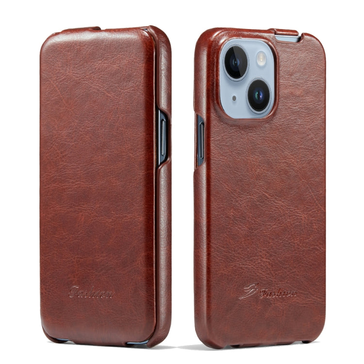 Fierre Shann Oil Wax Texture Vertical Flip PU Phone Case, For iPhone 14, For iPhone 14 Plus, For iPhone 14 Pro, For iPhone 14 Pro Max For iPhone 14 Brown