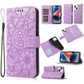 Skin Feel Embossed Sunflower Horizontal Leather Case, For iPhone 14, For iPhone 14 Plus, For iPhone 14 Pro, For iPhone 14 Pro Max For iPhone 14 Purple