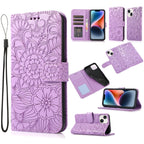 Skin Feel Embossed Sunflower Horizontal Leather Case, For iPhone 14, For iPhone 14 Plus, For iPhone 14 Pro, For iPhone 14 Pro Max For iPhone 14 Purple