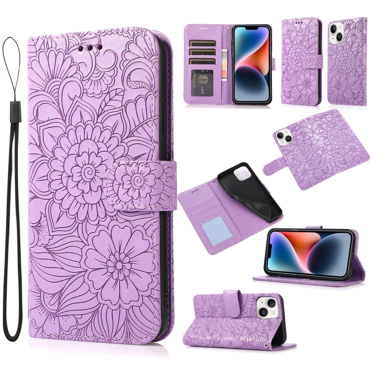 Skin Feel Embossed Sunflower Horizontal Leather Case, For iPhone 14, For iPhone 14 Plus, For iPhone 14 Pro, For iPhone 14 Pro Max For iPhone 14 Purple
