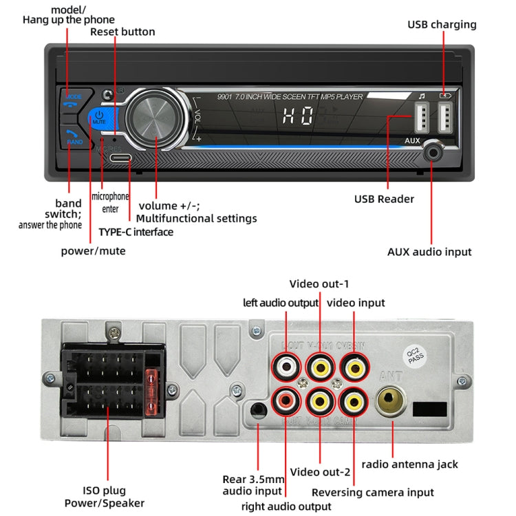 9901 7 inch Car Retractable MP5 Player Supports FM & Mobile Phone Internet, 9901