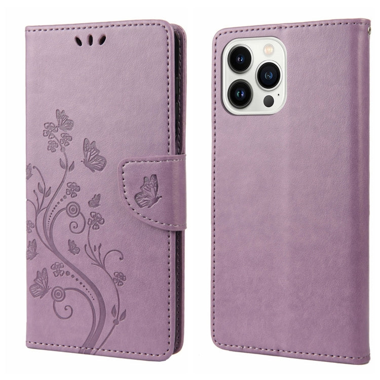 Butterfly Flower Pattern Flip Leather Phone Case, For iPhone 14 Pro Max For iPhone 14 Pro Max Light Purple