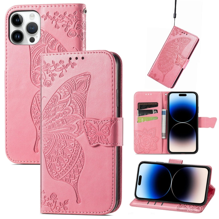 Butterfly Embossing Leather Case, For iPhone 14 Pro Max, For iPhone 14 Pro, For iPhone 14 For iPhone 14 Pro Max Pink