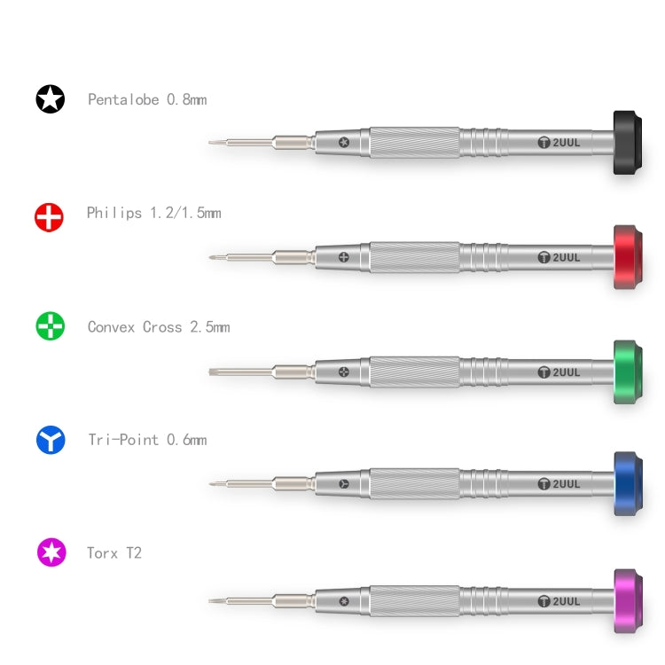 2UUL Colorful Flyshaft Screwdriver, Pentalobe 0.8mm, Corss 1.2/1.5, Convex Cross 2.5mm, Tri-point 0.6mm, Torx T2 – Durable Build, Easy to Use