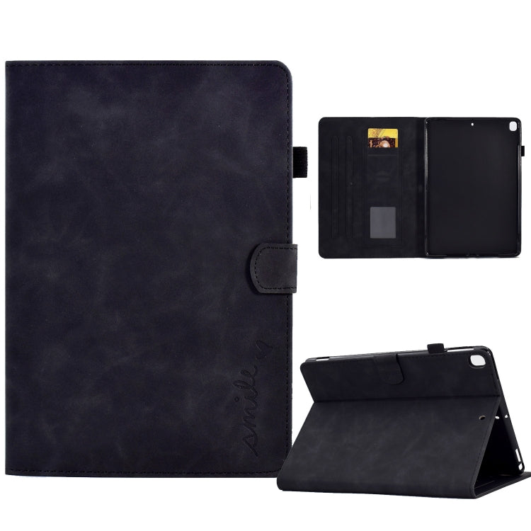 Embossed Smile Flip Tablet Leather Smart Case, For iPad 10.2 / Air 10.5 2019, For iPad Air 2022 / 2020 10.9, For iPad mini 2024 / mini 6, For iPad 9.7 2018&2017 / Air 2 / Air For iPad 10.2 Air 10.5 2019 Black