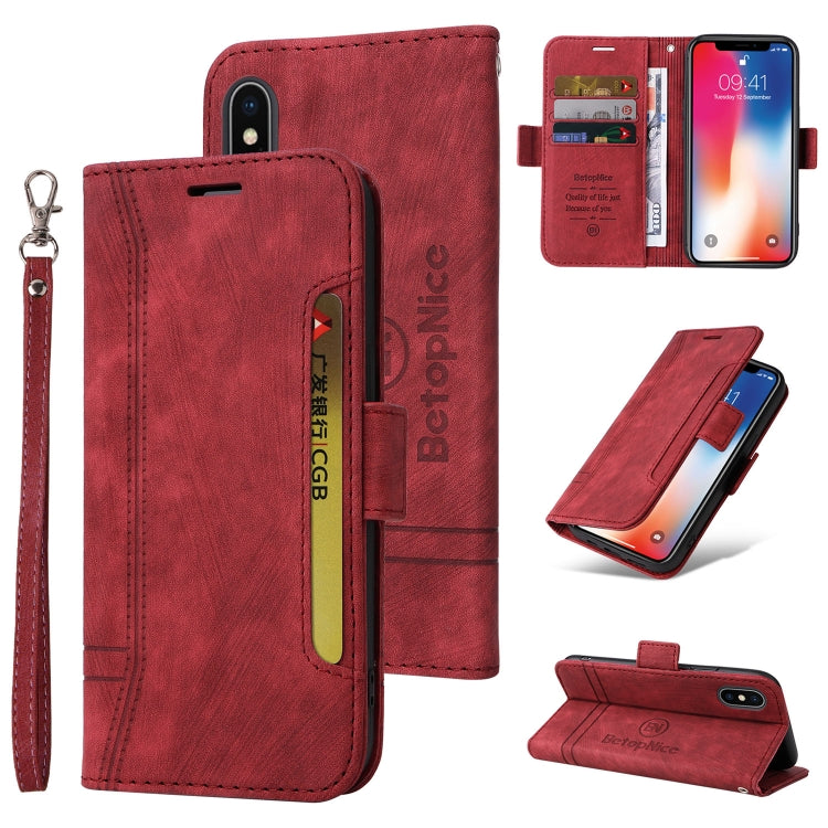 BETOPNICE Dual-side Buckle Leather Phone Case – Wear-resistant, Card Slot, Kickstand, For iPhone XS Max, For iPhone SE 2022 / SE 2020 / 7 / 8, For iPhone 7 Plus / 8 Plus For iPhone XS Max Red