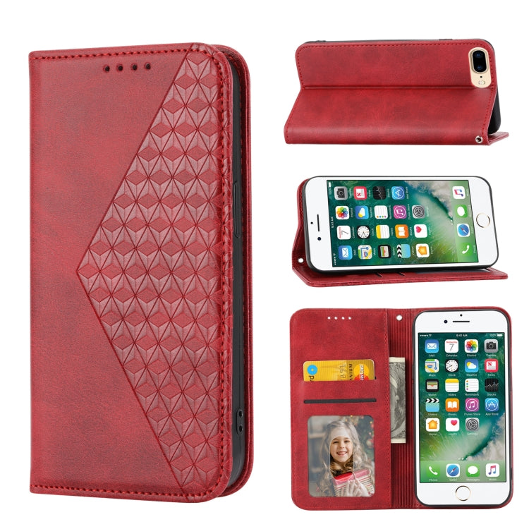 Cubic Grid Calf Texture Magnetic Closure Leather Phone Case – Wear-resistant, Magnetic, Card Slot, For iPhone XS Max, For iPhone SE 2022 / SE 2020 / 7 / 8, For iPhone 7 Plus / 8 Plus For iPhone SE 2022 SE 2020 7 8 Red