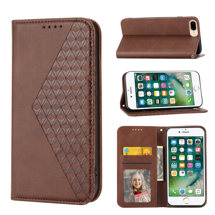 Cubic Grid Calf Texture Magnetic Closure Leather Phone Case – Wear-resistant, Magnetic, Card Slot, For iPhone XS Max, For iPhone SE 2022 / SE 2020 / 7 / 8, For iPhone 7 Plus / 8 Plus For iPhone 7 Plus 8 Plus Brown