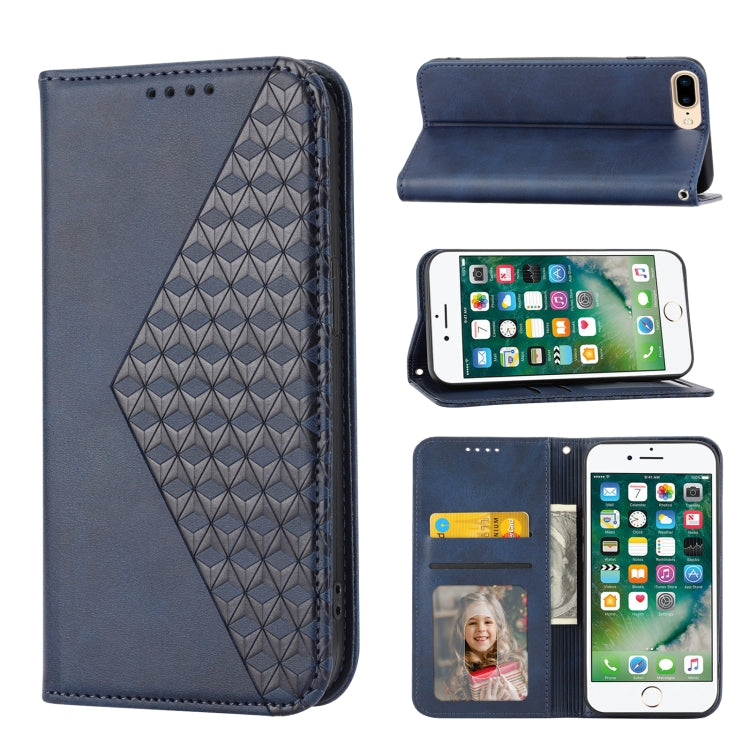 Cubic Grid Calf Texture Magnetic Closure Leather Phone Case – Wear-resistant, Magnetic, Card Slot, For iPhone XS Max, For iPhone SE 2022 / SE 2020 / 7 / 8, For iPhone 7 Plus / 8 Plus For iPhone 7 Plus 8 Plus Blue