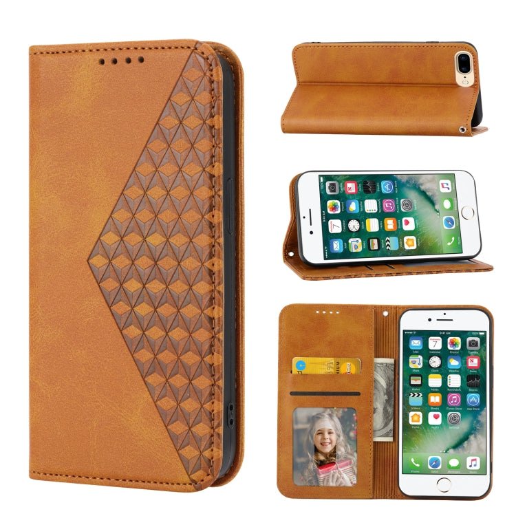 Cubic Grid Calf Texture Magnetic Closure Leather Phone Case – Wear-resistant, Magnetic, Card Slot, For iPhone XS Max, For iPhone SE 2022 / SE 2020 / 7 / 8, For iPhone 7 Plus / 8 Plus For iPhone 7 Plus 8 Plus Yellow