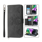 Skin-feel Flowers Embossed Wallet Leather Phone Case, For iPhone 14, For iPhone 14 Plus, For iPhone 14 Pro, For iPhone 14 Pro Max For iPhone 14 Black