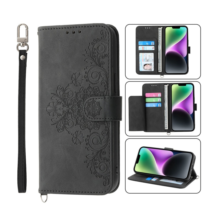 Skin-feel Flowers Embossed Wallet Leather Phone Case, For iPhone 14, For iPhone 14 Plus, For iPhone 14 Pro, For iPhone 14 Pro Max For iPhone 14 Black