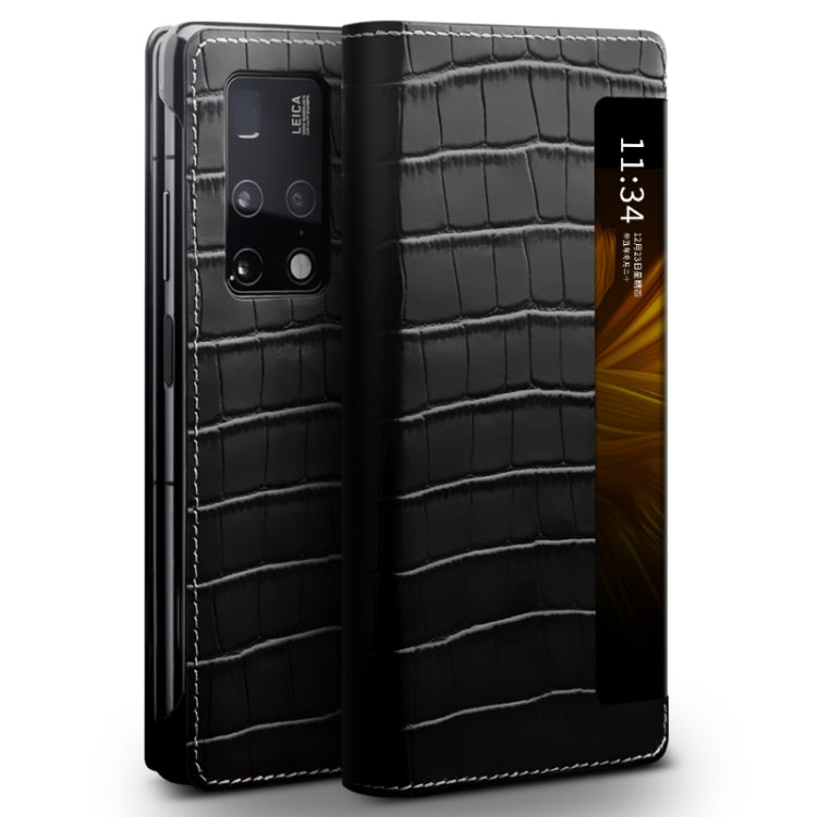 QIALINO Crocodile Pattern Side Window View Genuine Leather Phone Case – Leather, For Huawei Mate X2 For Huawei Mate X2 Black