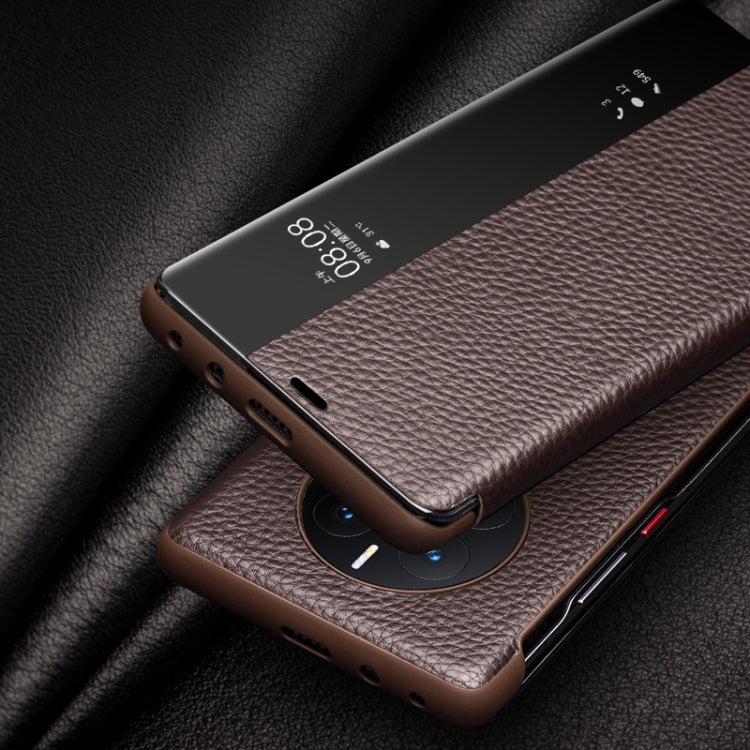 QIALINO Genuine Leather Side Window View Smart Phone Case – Leather, For Huawei Mate 50 Pro, For Huawei Mate 50, For Huawei P30, For Huawei P50, For Huawei P50 Pro