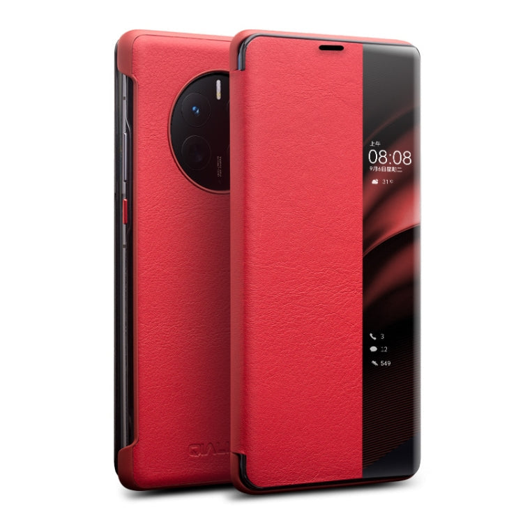 QIALINO Genuine Leather Side Window View Smart Phone Case – Leather, For Huawei Mate 50 Pro, For Huawei Mate 50, For Huawei P30, For Huawei P50, For Huawei P50 Pro