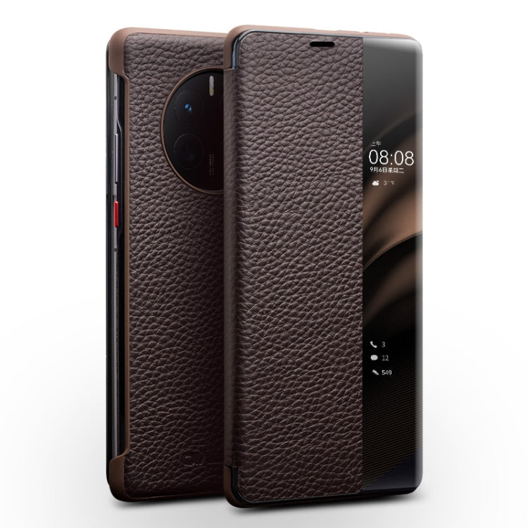 QIALINO Genuine Leather Side Window View Smart Phone Case – Leather, For Huawei Mate 50 Pro, For Huawei Mate 50, For Huawei P30, For Huawei P50, For Huawei P50 Pro