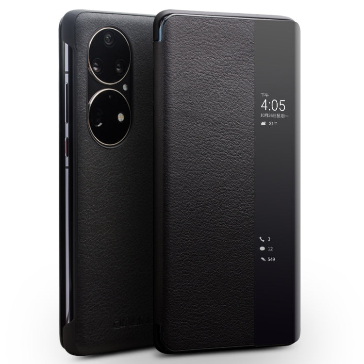 QIALINO Genuine Leather Side Window View Smart Phone Case – Leather, For Huawei Mate 50 Pro, For Huawei Mate 50, For Huawei P30, For Huawei P50, For Huawei P50 Pro