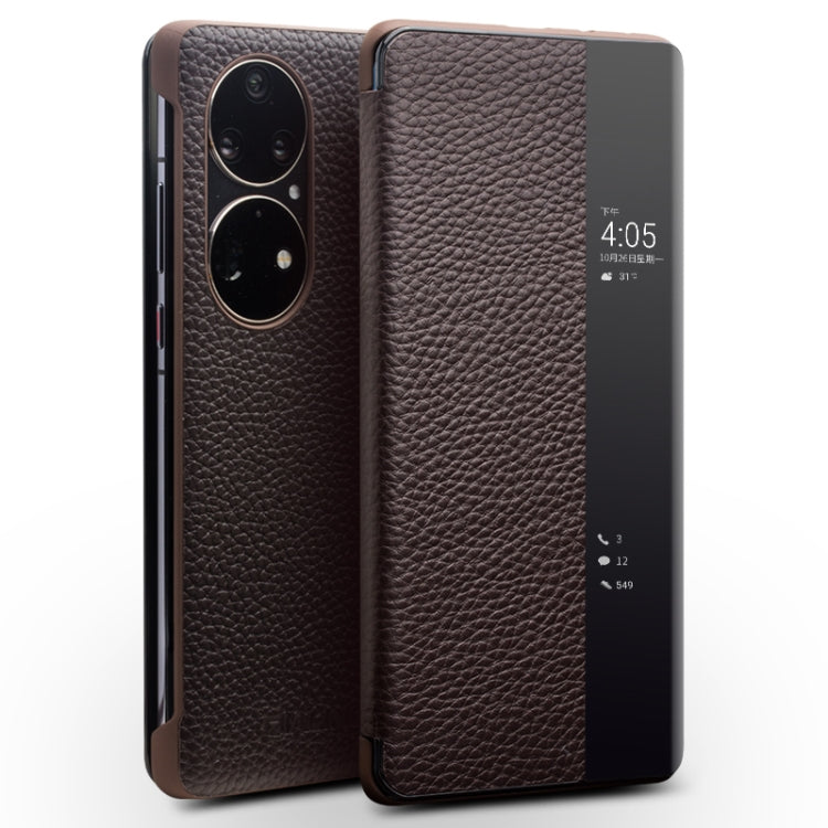 QIALINO Genuine Leather Side Window View Smart Phone Case – Leather, For Huawei Mate 50 Pro, For Huawei Mate 50, For Huawei P30, For Huawei P50, For Huawei P50 Pro
