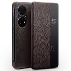 QIALINO Genuine Leather Side Window View Smart Phone Case – Leather, For Huawei Mate 50 Pro, For Huawei Mate 50, For Huawei P30, For Huawei P50, For Huawei P50 Pro
