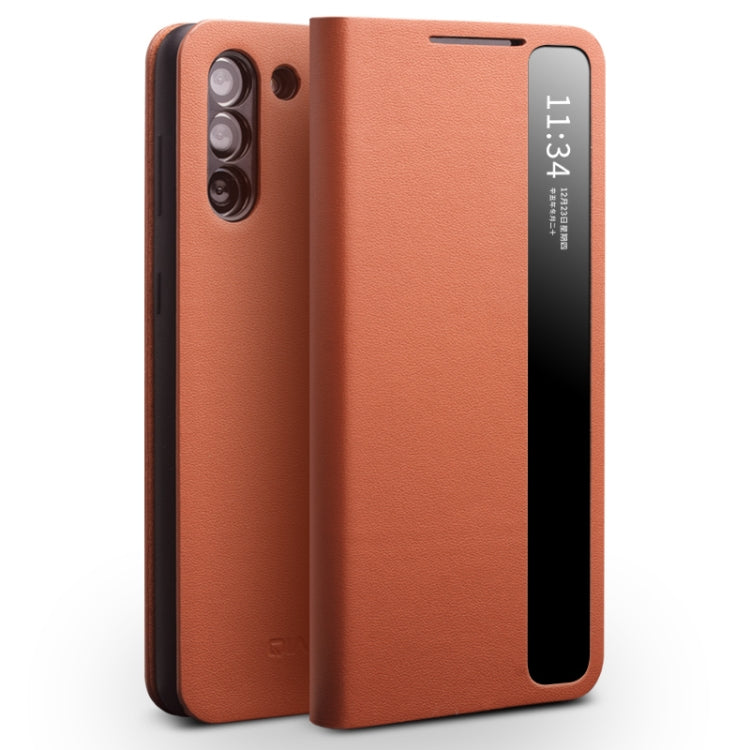 QIALINO Genuine Leather Side Window View Smart Phone Case – Leather, For Samsung Galaxy Note20 Ultra, For Samsung Galaxy S21 5G, For Samsung Galaxy S21+ 5G For Samsung Galaxy S21+ 5G Brown