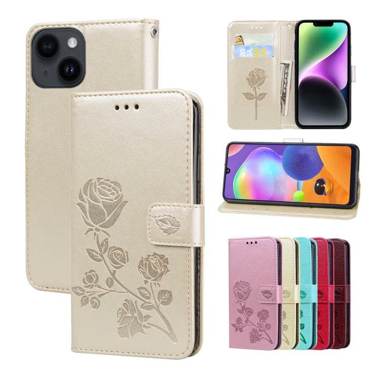 Rose Embossed Flip PU Leather Phone Case, For iPhone 14 Plus, For iPhone 14 Pro Max, For iPhone 14 Pro, For iPhone 14 For iPhone 14 Plus Gold