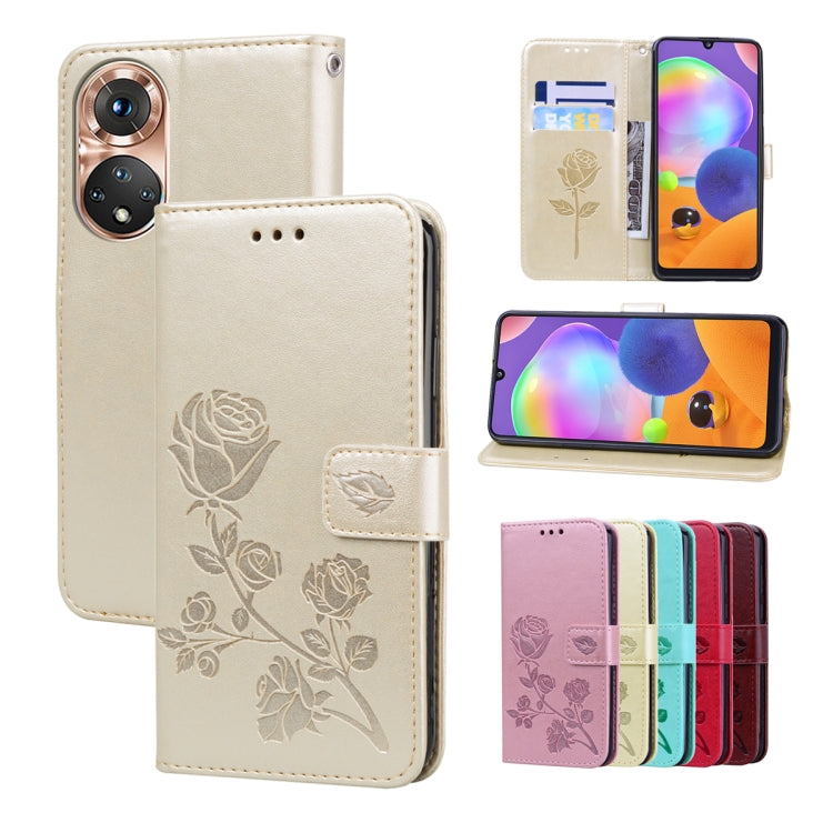 Rose Embossed Flip PU Leather Phone Case, For Honor X7/Play 30 Plus, For Samsung Galaxy M33 5G Global, For Samsung Galaxy M53, For Samsung Galaxy A73 5G For Honor X7 Play 30 Plus Gold
