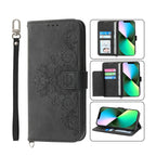 Skin-feel Flowers Embossed Wallet Leather Phone Case, For iPhone 13 Pro Max, For iPhone 13 Pro, For iPhone 13, For iPhone 13 mini For iPhone 13 Pro Max Black