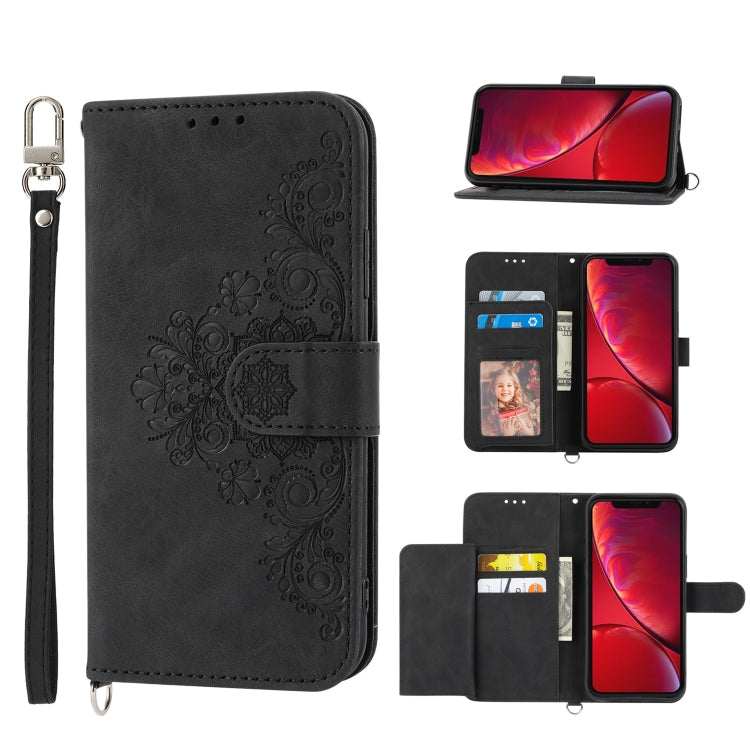 Skin-feel Flowers Embossed Wallet Leather Phone Case – Wear-resistant, Card Slot, Kickstand, For iPhone XR, For iPhone SE 2022 / SE 2020 / 8 / 7, For iPhone 8 Plus / 7 Plus For iPhone XR Black