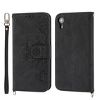 Skin-feel Flowers Embossed Wallet Leather Phone Case – Wear-resistant, Card Slot, Kickstand, For iPhone XR, For iPhone SE 2022 / SE 2020 / 8 / 7, For iPhone 8 Plus / 7 Plus