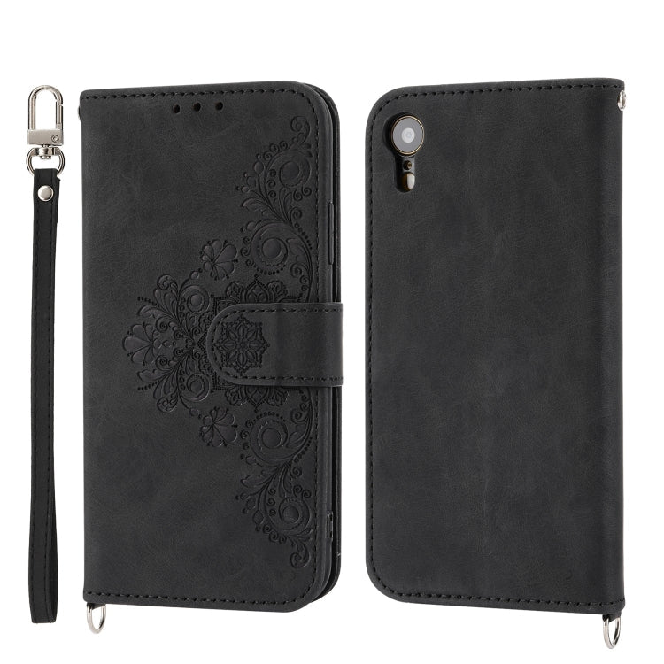 Skin-feel Flowers Embossed Wallet Leather Phone Case – Wear-resistant, Card Slot, Kickstand, For iPhone XR, For iPhone SE 2022 / SE 2020 / 8 / 7, For iPhone 8 Plus / 7 Plus