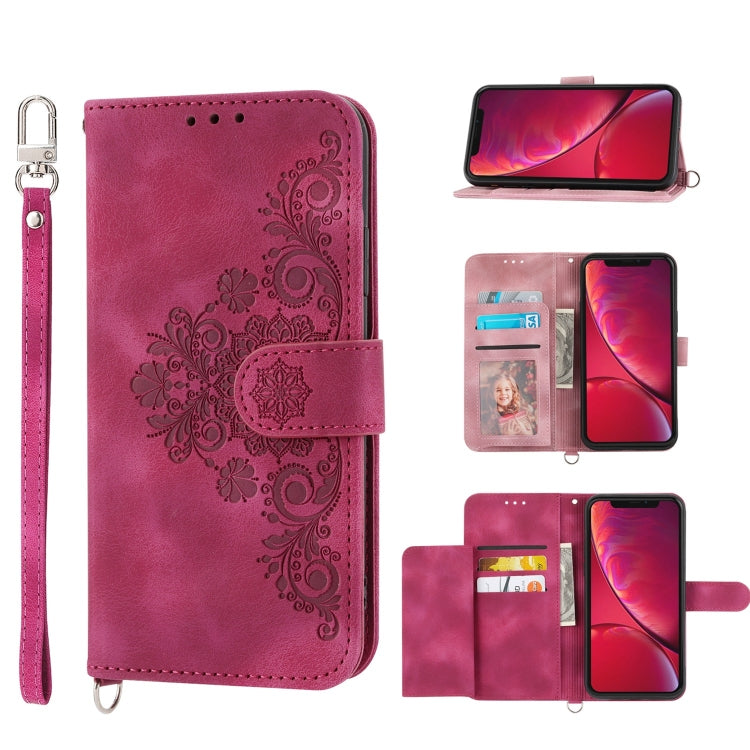 Skin-feel Flowers Embossed Wallet Leather Phone Case – Wear-resistant, Card Slot, Kickstand, For iPhone XR, For iPhone SE 2022 / SE 2020 / 8 / 7, For iPhone 8 Plus / 7 Plus For iPhone XR Wine Red