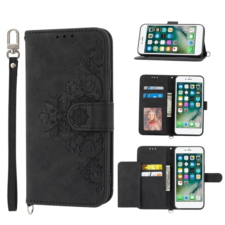 Skin-feel Flowers Embossed Wallet Leather Phone Case – Wear-resistant, Card Slot, Kickstand, For iPhone XR, For iPhone SE 2022 / SE 2020 / 8 / 7, For iPhone 8 Plus / 7 Plus For iPhone SE 2022 SE 2020 8 7 Black