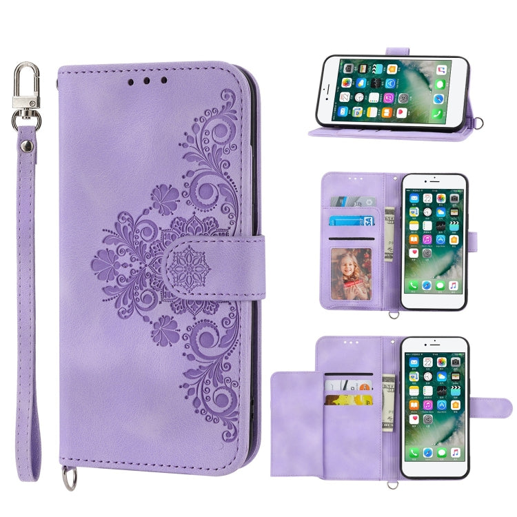 Skin-feel Flowers Embossed Wallet Leather Phone Case – Wear-resistant, Card Slot, Kickstand, For iPhone XR, For iPhone SE 2022 / SE 2020 / 8 / 7, For iPhone 8 Plus / 7 Plus For iPhone SE 2022 SE 2020 8 7 Purple