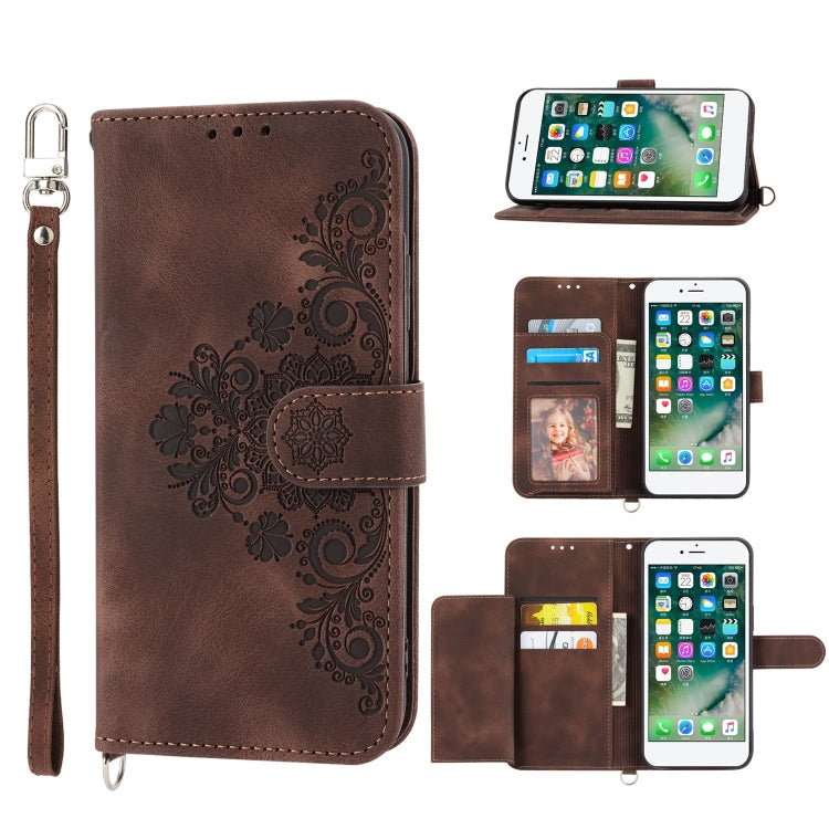 Skin-feel Flowers Embossed Wallet Leather Phone Case – Wear-resistant, Card Slot, Kickstand, For iPhone XR, For iPhone SE 2022 / SE 2020 / 8 / 7, For iPhone 8 Plus / 7 Plus For iPhone SE 2022 SE 2020 8 7 Brown