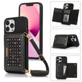 Three-fold RFID Leather Phone Case with Lanyard – Lanyard, Card Slot, Leather, For iPhone 13 Pro Max, For iPhone 14, For iPhone 14 Plus, For iPhone 14 Pro For iPhone 13 Pro Max Black