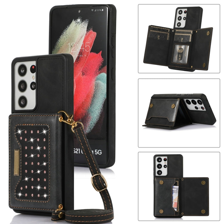 Three-fold RFID Leather Phone Case with Lanyard, For Samsung Galaxy S21 Ultra, For Samsung Galaxy S22+, For Samsung Galaxy S21+, For Samsung Galaxy S21 FE For Samsung Galaxy S21 Ultra Black