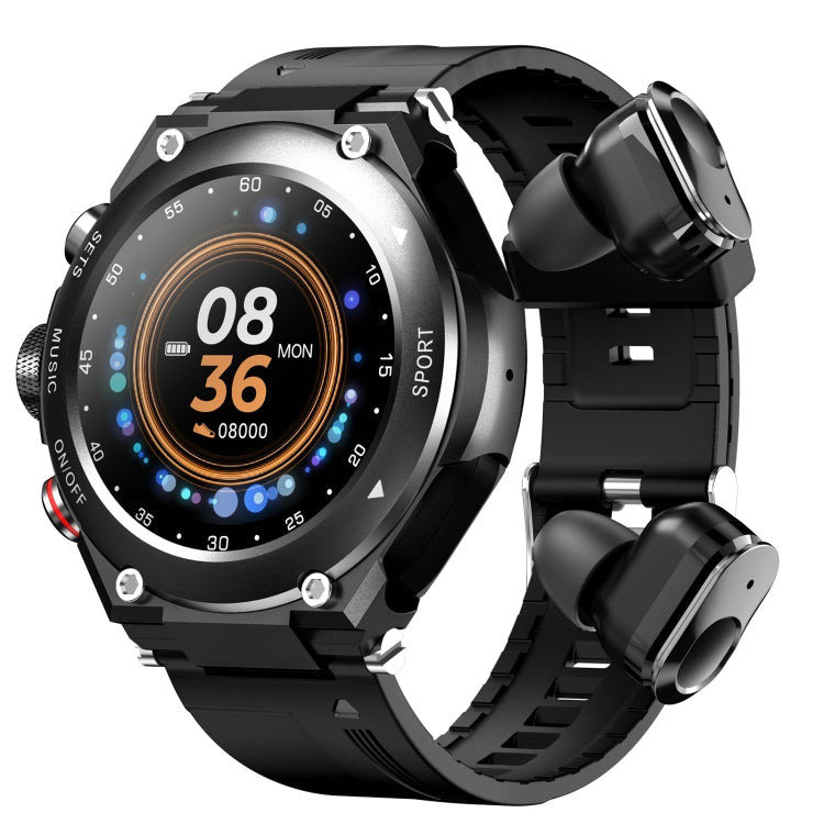T92 1.28 inch IPS Touch Screen 2 in 1 Bluetooth Headset Smart Watch, Support Heart Rate Monitoring/Bluetooth Music Black