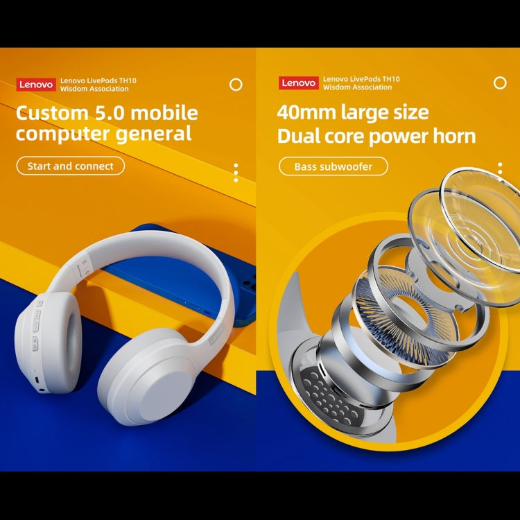 Lenovo TH10 Wireless Bluetooth Gaming Bass Music Sports Noise-cancelling Headphone, TH10 White, TH10 Black – Leather, Bluetooth