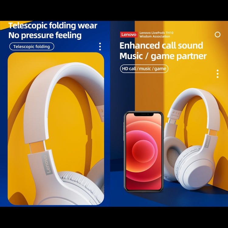 Lenovo TH10 Wireless Bluetooth Gaming Bass Music Sports Noise-cancelling Headphone, TH10 White, TH10 Black – Leather, Bluetooth