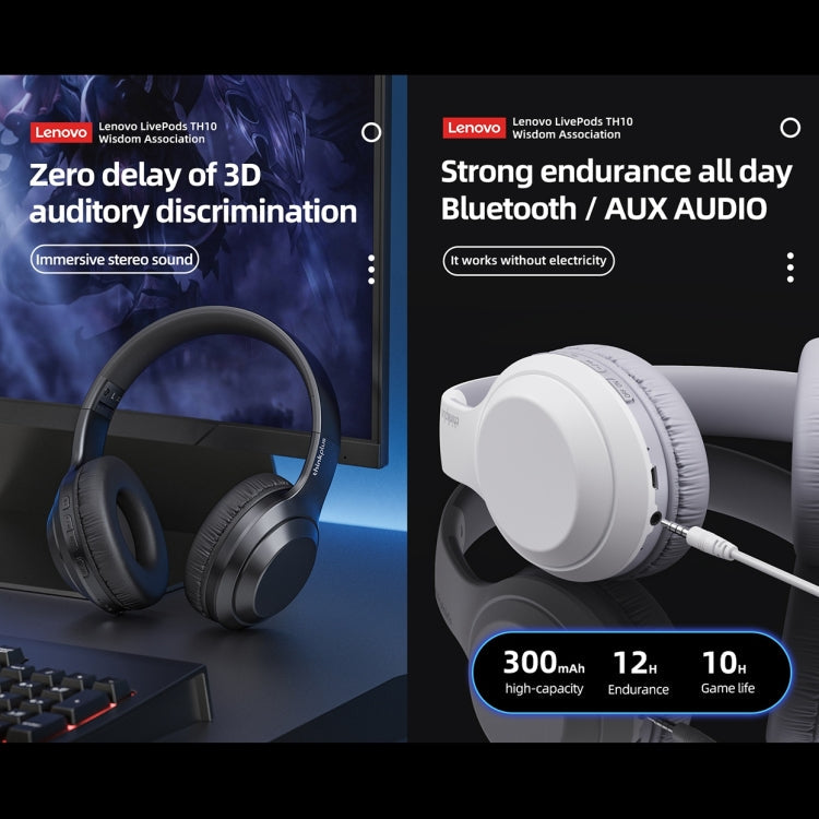Lenovo TH10 Wireless Bluetooth Gaming Bass Music Sports Noise-cancelling Headphone, TH10 White, TH10 Black – Leather, Bluetooth