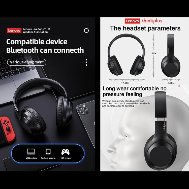 Lenovo TH10 Wireless Bluetooth Gaming Bass Music Sports Noise-cancelling Headphone, TH10 White, TH10 Black – Leather, Bluetooth