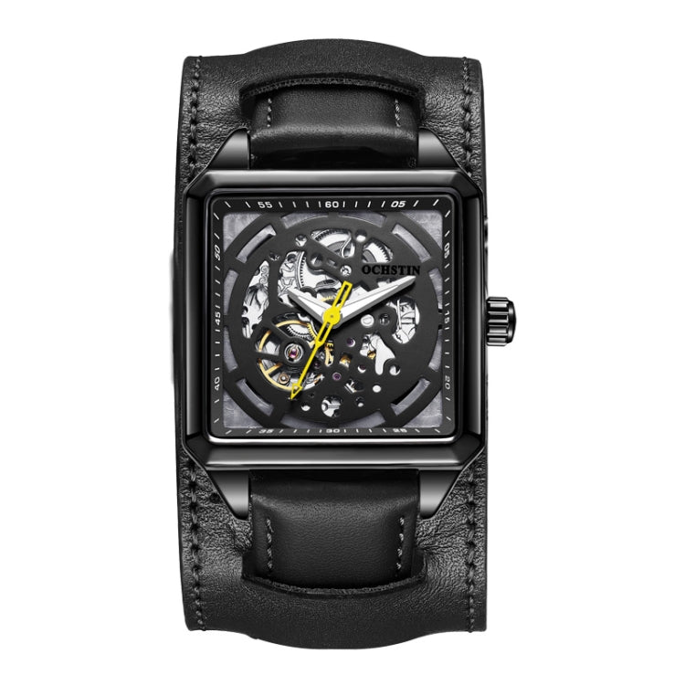 Ochstin 7237 Business Leather Wrist Wrist Waterproof Luminous Skeleton Mechanical Watch Black+Black