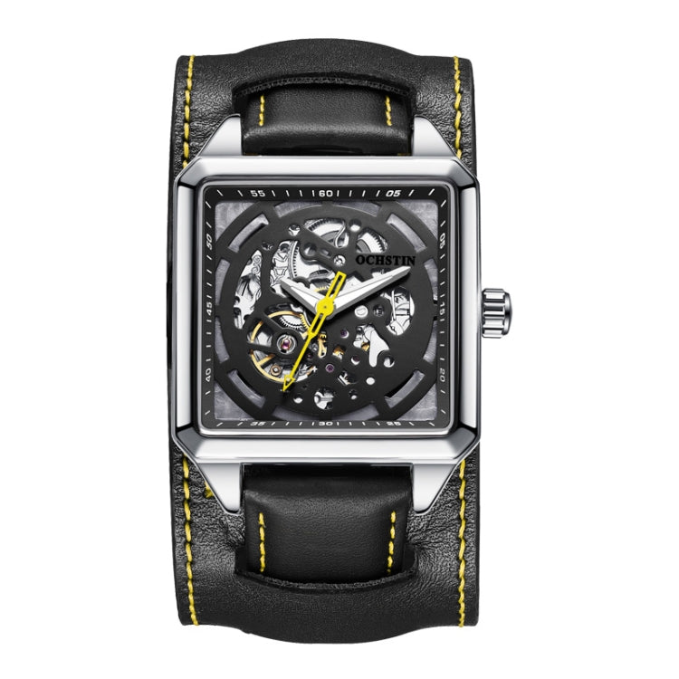 Ochstin 7237 Business Leather Wrist Wrist Waterproof Luminous Skeleton Mechanical Watch Silver+Black