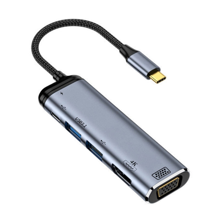 Y002 6 in 1 Type-C to VGA+HDMI+Dual USB+Dual USB-C/Type-C Interface Multi-function Adapter, Y002 – Wear-resistant, Fast Charging, Aluminum Alloy