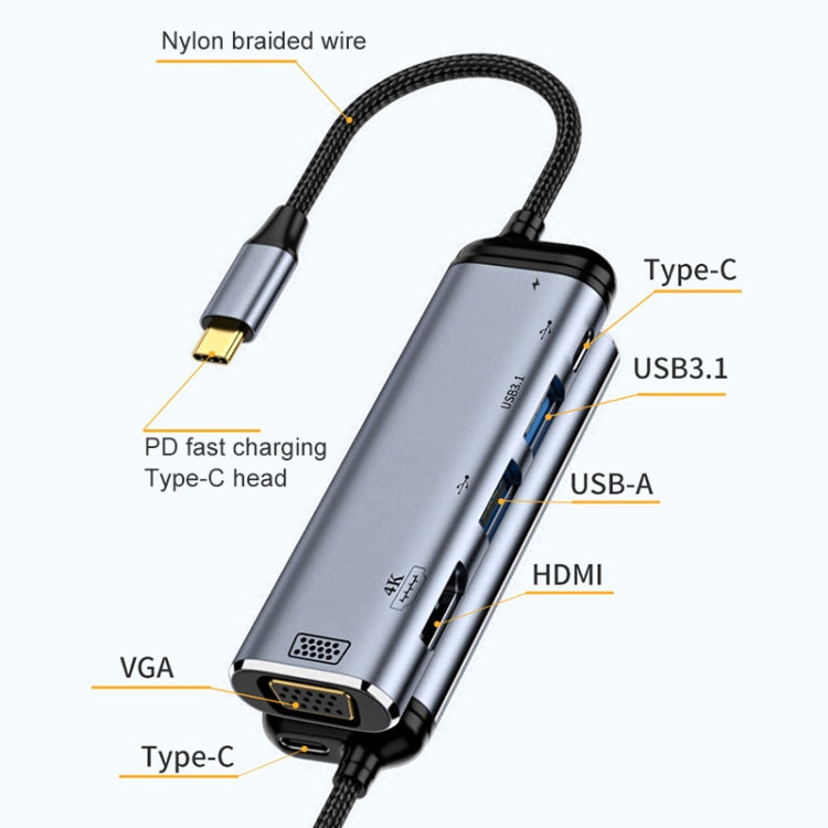 Y002 6 in 1 Type-C to VGA+HDMI+Dual USB+Dual USB-C/Type-C Interface Multi-function Adapter, Y002 – Wear-resistant, Fast Charging, Aluminum Alloy