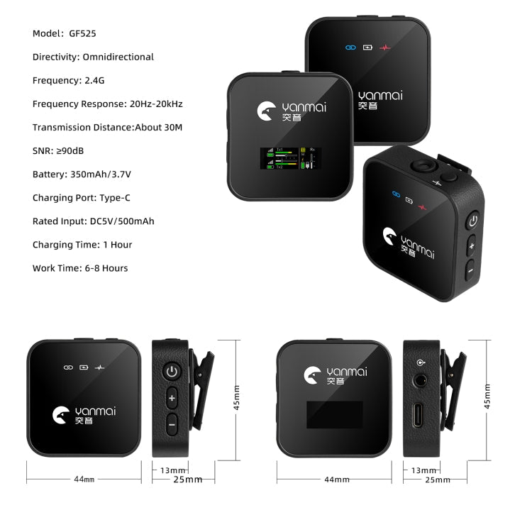 Yanmai GF525 2 in 1 Broadcast 2.4G Wireless Lavalier Microphone Mini Clip-on Mic with LED Display – Durable Build, Easy to Use